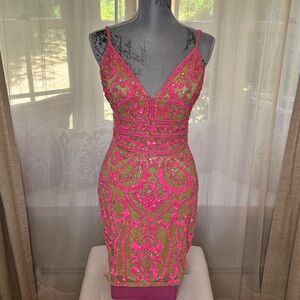 Primavera Couture nude/hot pink sequin cocktail dress, short, Size 6